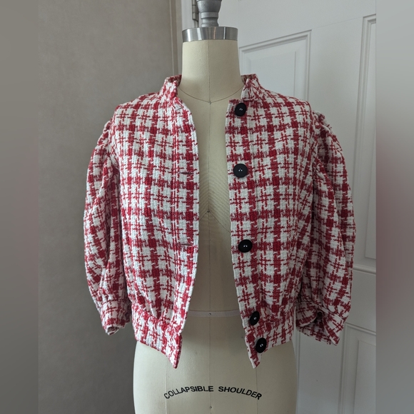Never A Wallflower Button up Tweed Jacket Red & White - Picture 10 of 16